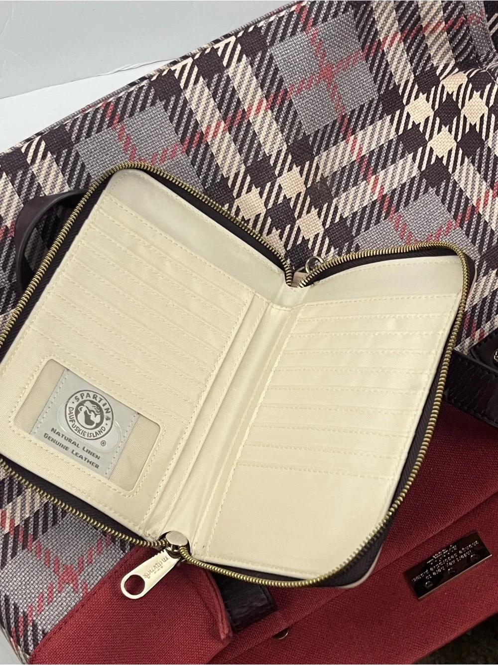 SPARTINA 449 Plaid Natural Linen Genuine Leather Interior Exterior Bag W/ Wallet